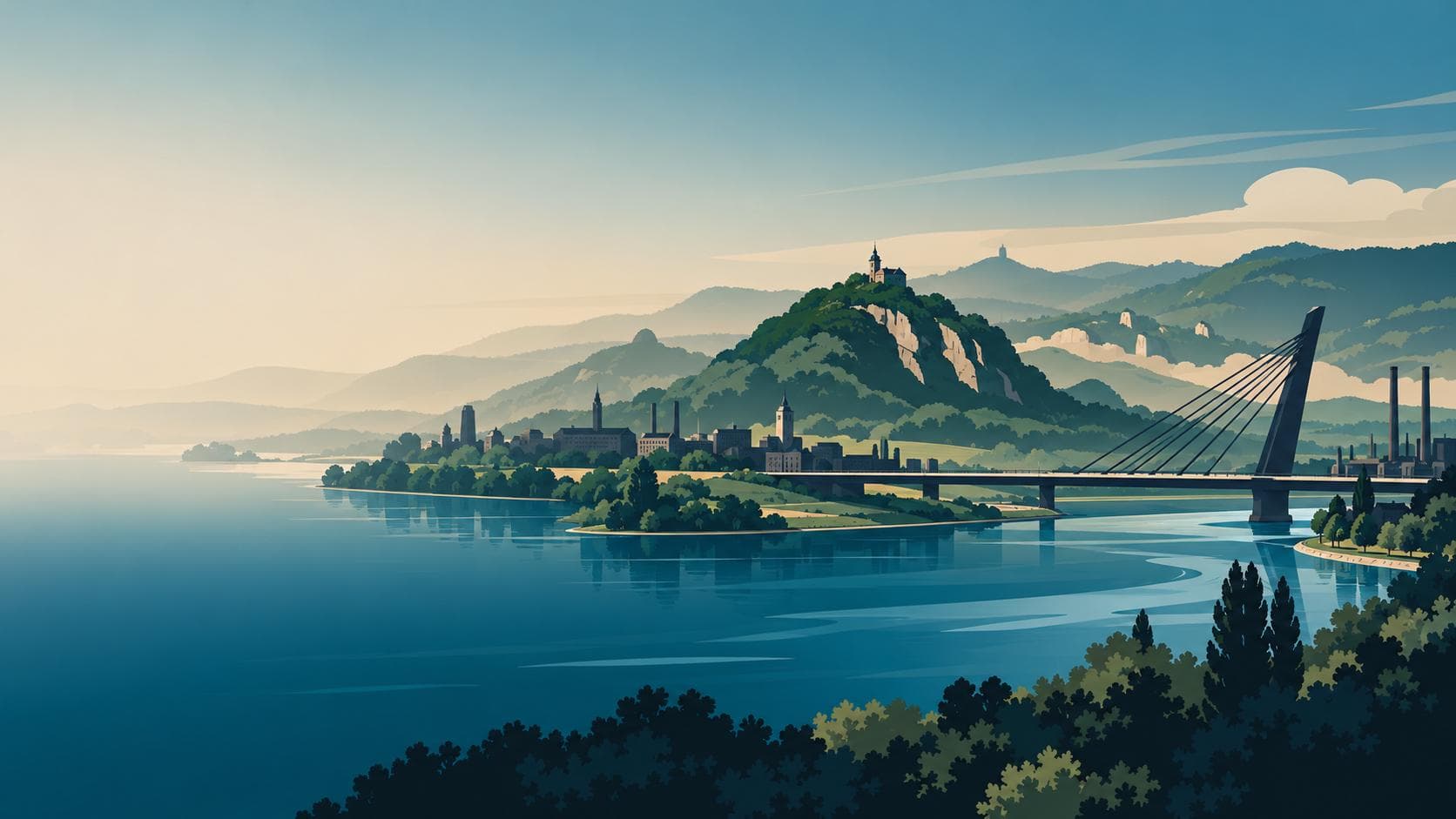 Ilustrace Labského údolí, mostu a Českého středohoří